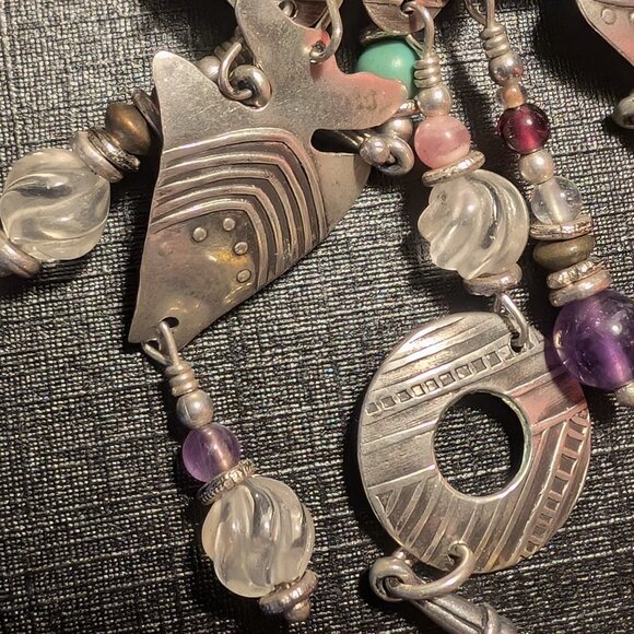 VTG Signed Tabra Earrings Silver Tone Dangle Multi-Layered Multiple Beads Colors - Picture 7 of 8